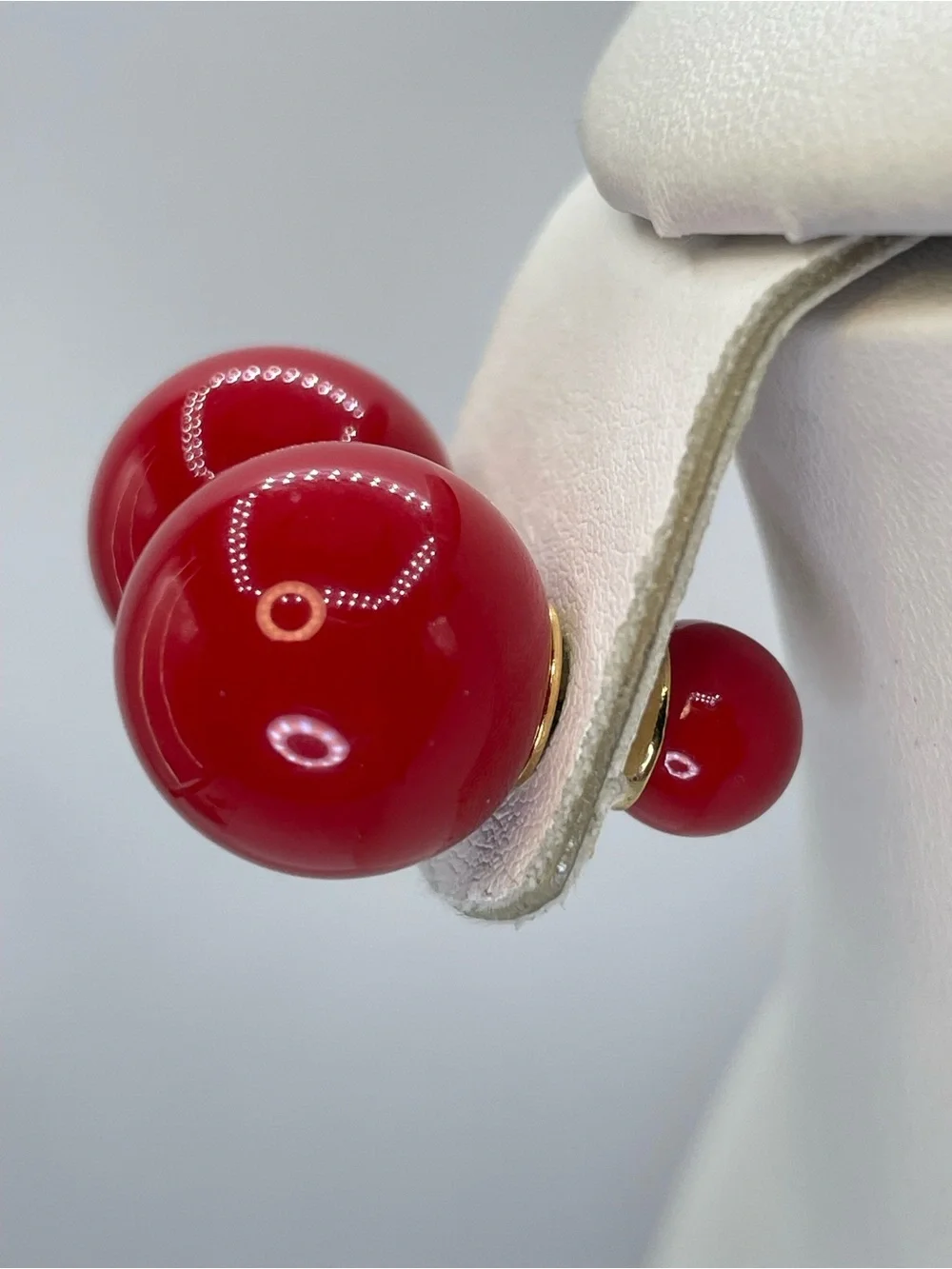 Vintage Red Acrylic Double Ball Stud Earrings Gold Tone Retro